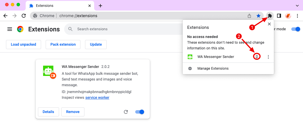 WA Sender Pro chrome extension install pin